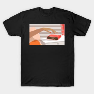 Womans hand pushing on alarm clock snooze button T-Shirt